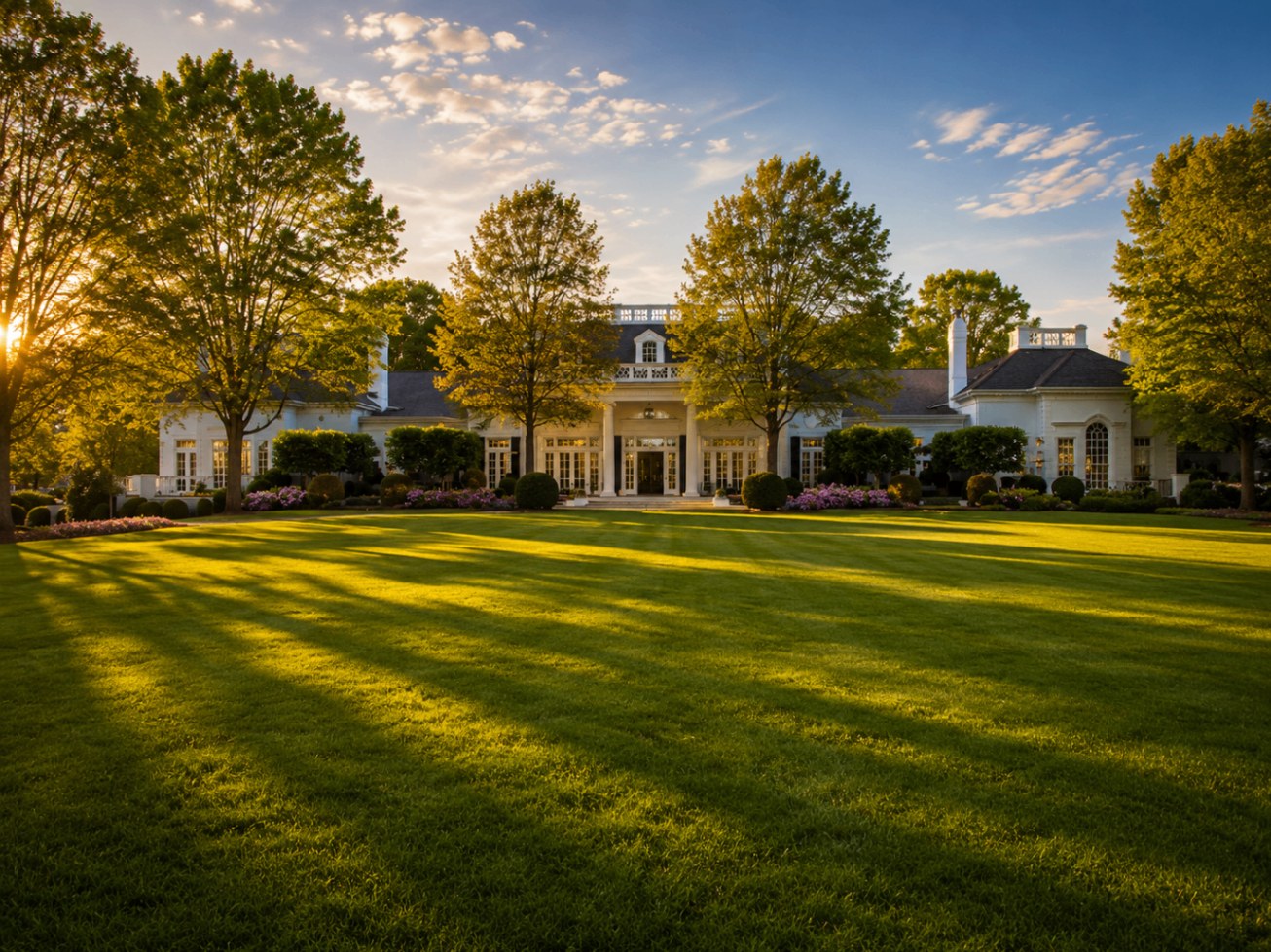 A stately Quail Hollow estate at golden hour beneath a canopy of mature oaks